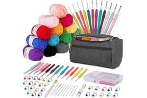 YINVA Crochet Kit for Beginners Adults,15 Colors Crochet Yarn for Crocheting, Ergonomic Crochet Hooks 2-8mm Crochet Hook Set Crochet Accessories Knitting Kit Bag-Grey
