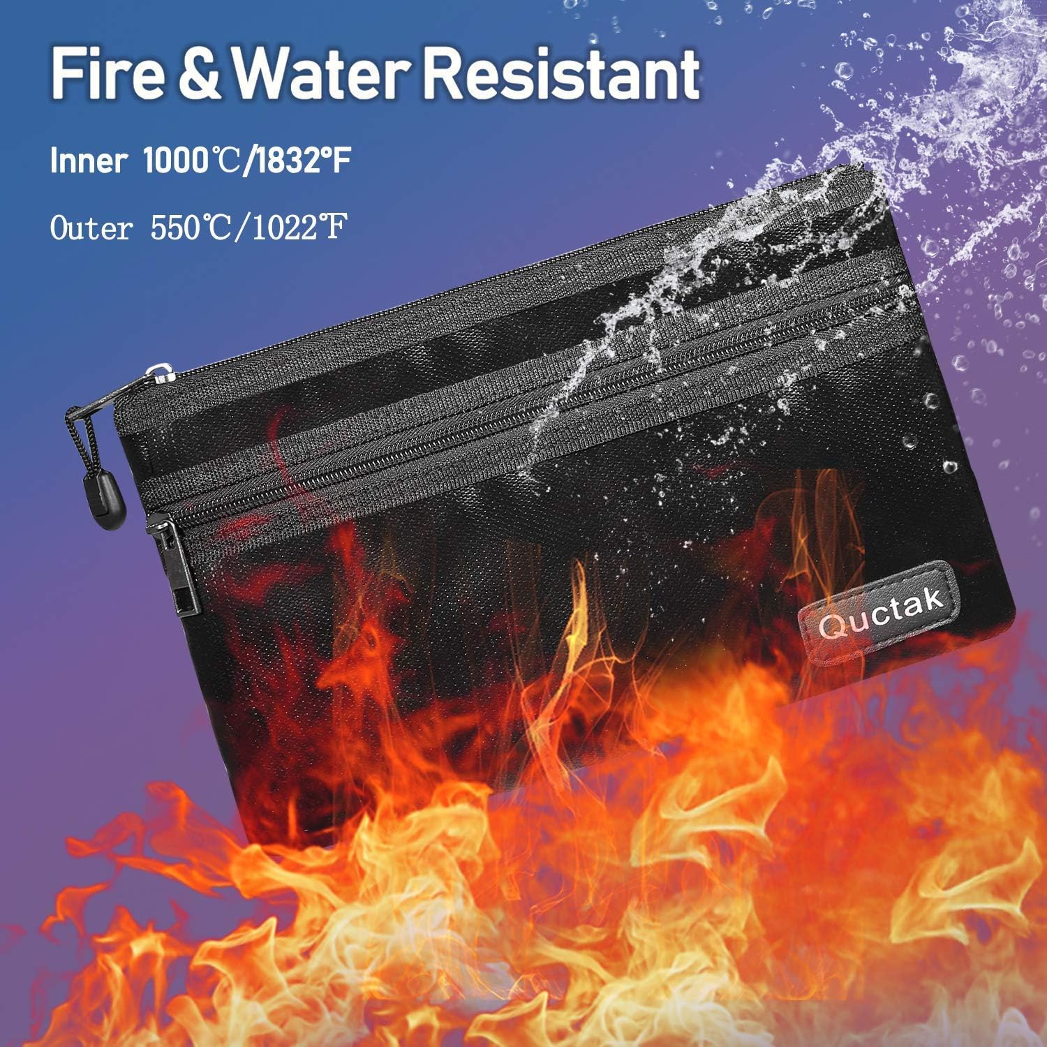 Fireproof Money Bag Two Pockets Two Zippers,Quctak Fireproof Safe Bag 10.6"x6.7" Waterproof and Fireproof Cash Bag Money Safe Pouch Storage for A5 Bank Deposit,Passport,Jewelry (1 Layer Protection): Office Products