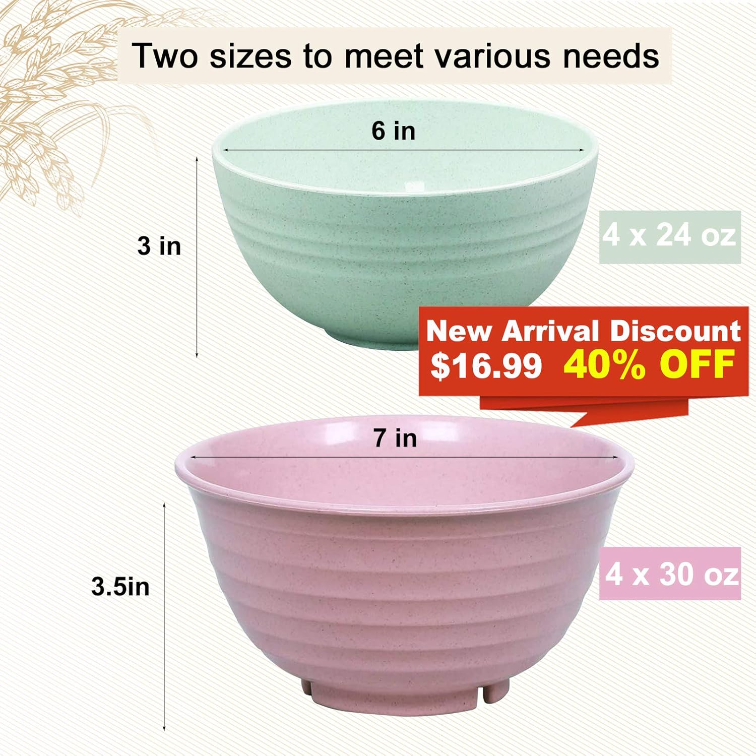  | DeeCoo Mixed Size Unbreakable Cereal Bowls - 24, 30 OZ Wheat Straw Fiber Lightweight Bowl Sets 8 - Dishwasher & Microwave Safe - for Children, Rice, Soup, Salad Bowls: Cereal Bowls