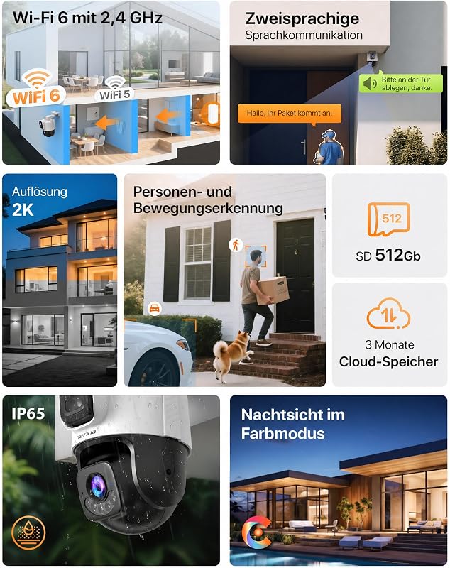 Überwachungskamera Außen mit Dual-Objektiv, 2K+2K WLAN Außenkamera mit PTZ & Festlinse, Farb-Nachtsicht, Lokaler Speicher ohne ABO, IP65, für Haus & Hof, Nur 2.4GHz