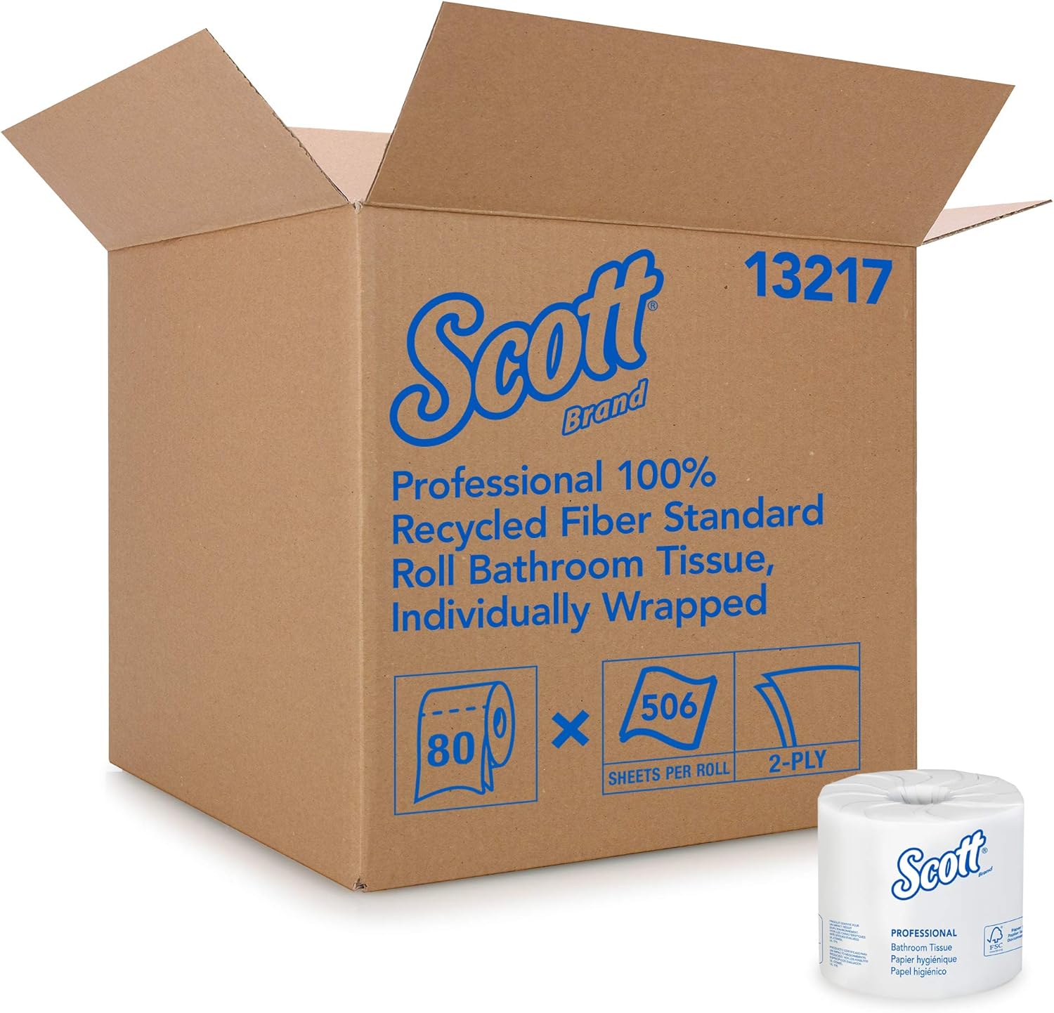 Scott Essential Professional 100% Recycled Fiber Bulk Toilet Paper for Business (13217), 2-Ply Standard Rolls, White, 80 Rolls/Case, 506 Sheets/Roll: Industrial & Scientific