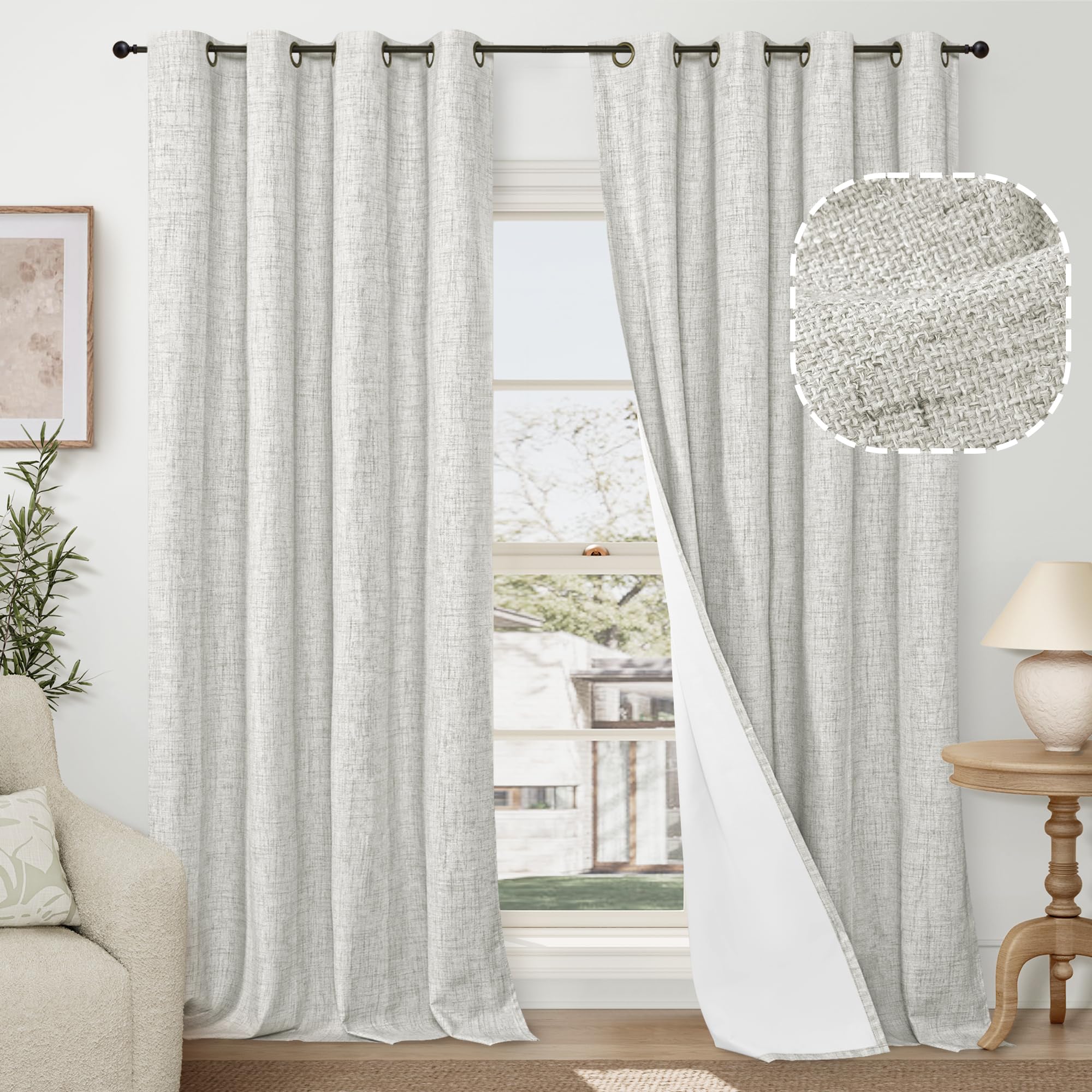 Photo 1 of 60 Inch Wide Linen Blackout Curtains for Living Room/Bedroom 84 Inch Length 2 Panels, Total Black Out Thermal Insulated Soundproof Grommet Boho Window Drapes for Modern Farmhouse, Light Grey