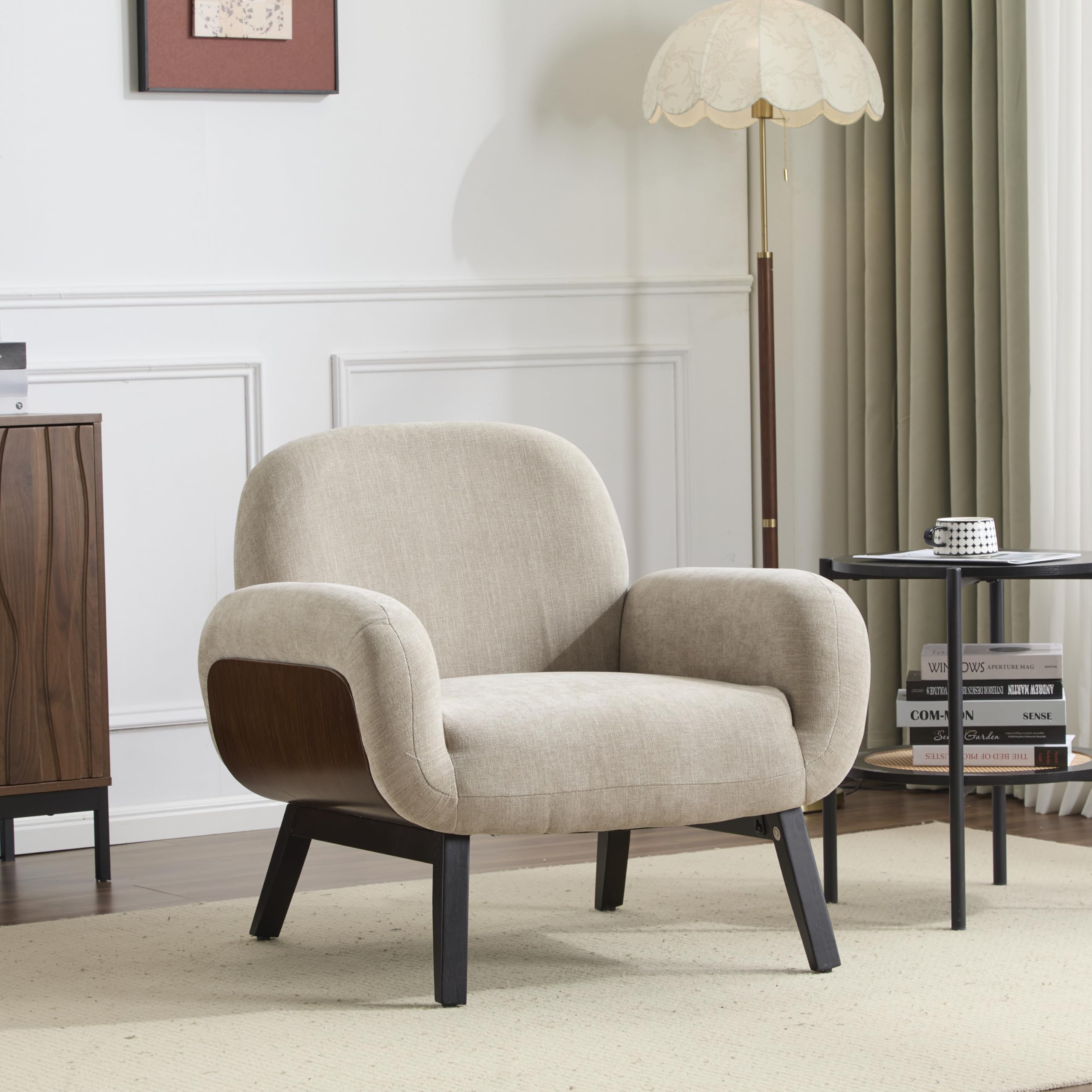 View 1 of ***IT HAS A BROKEN LEG***Christopher Knight Home Audrey Modern Fabric Upholstered Accent Chair, Living Room Low Profile Fabric Armchair, Wooden Comfy Reading Chair, Soft Seating Single Lounge Sofa, Khaki***IT HAS A BROKEN LEG**