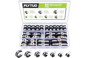 60PCS Cable Clamps Assortment Kit, Flytuo 304 Stainless Steel Rubber Cushion Pipe Clamps in 7 Sizes 1/4" 5/16" 3/8" 1/2" 5/8" 3/4" 1"