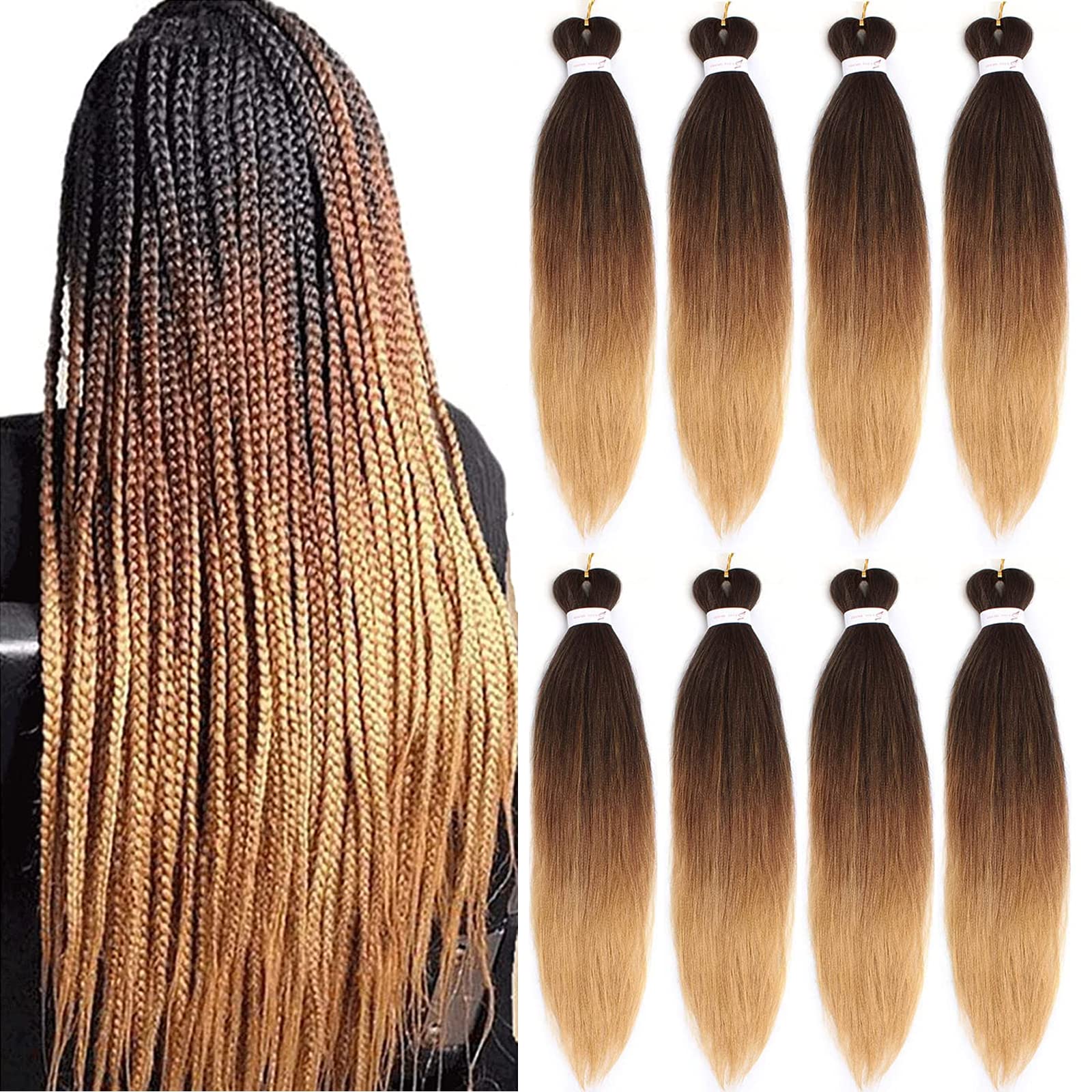 Xtrend 26 Inch EZ Braids 8Packs Ombre Pre-Stretched Easy Braiding Hair Extensions for Box Braids Hair Itch Free Hot Water Setting Synthetic Fiber Hair Extensions 1B/30/27#