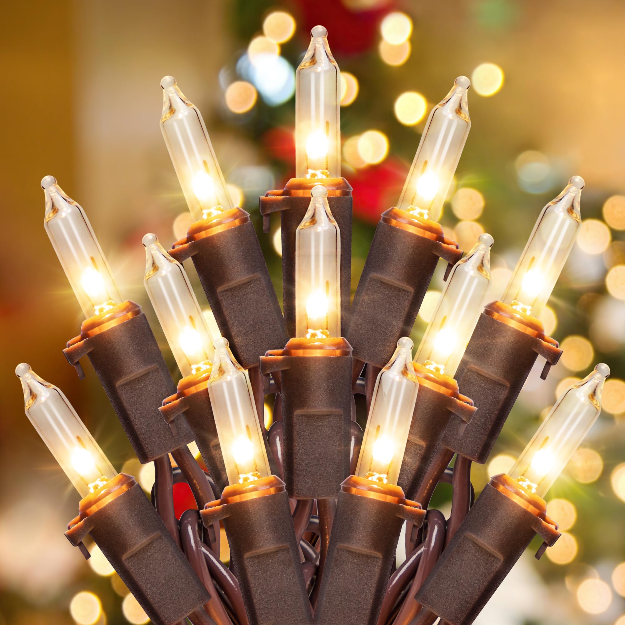 Photo 1 of YOUNGAR 13FT 50 Clear Christmas Lights Outdoor, UL Approved Christmas Tree Lights with Brown Wire, Incandescent Mini Light Plug in for Indoor Outdoor Tree Patio Garden Xmas Decor