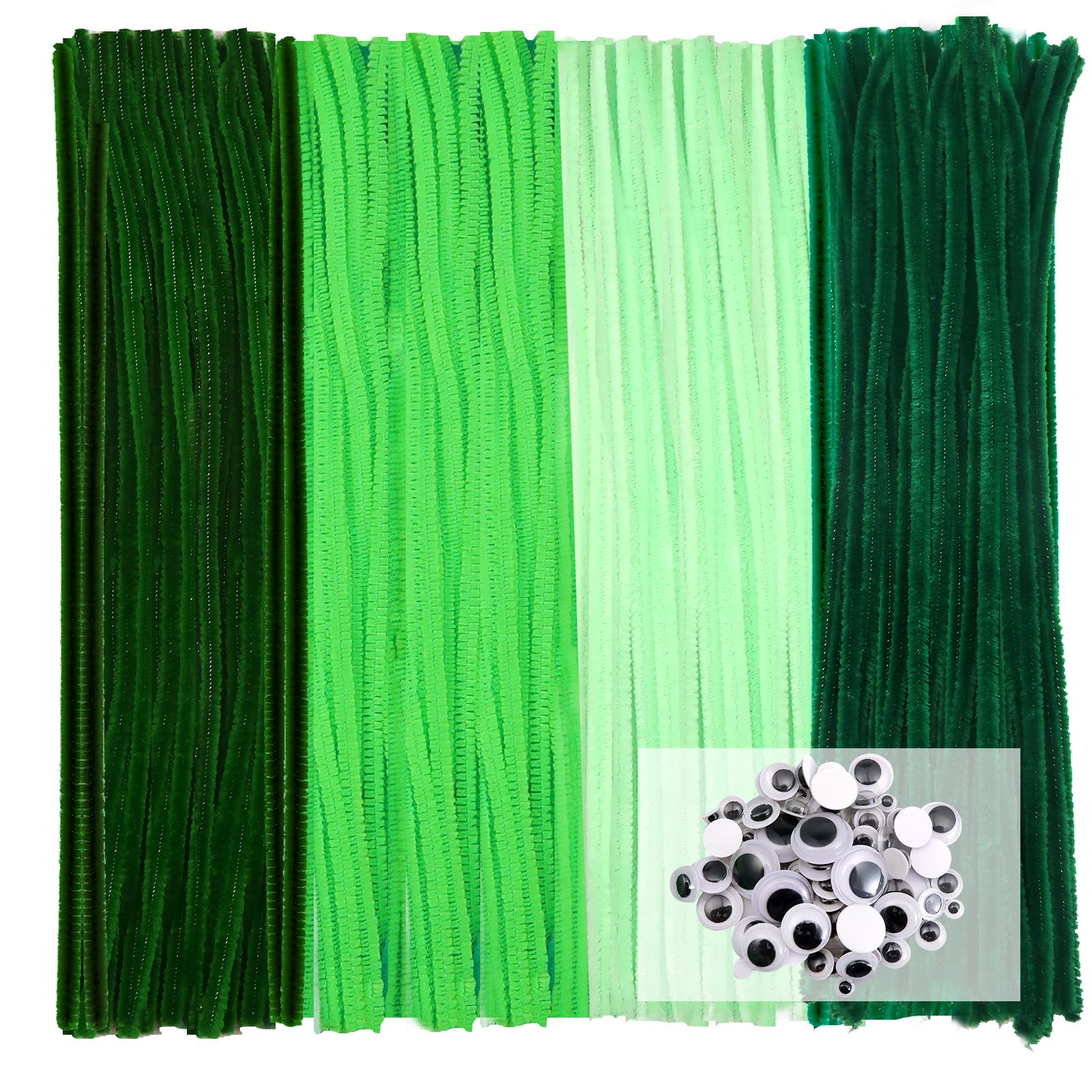TOAOB 100pcs Green Pipe Cleaners for Craft 30cm Long Chenille Stem 6mm Thick Fuzzy Sticks Craft Supplies with Wiggle Googly Eyes for DIY Flowers Projects Home Decorations