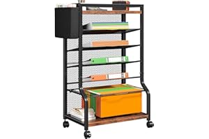 EnHomee 17.7"W 7-Tier Rolling Organizer with Hanging File Folders for A4 Letter Legal 32"H Metal File Cart with Sliding Trays Desk Paper Organizer with Wheels for Office Home School, Rustic Brown
