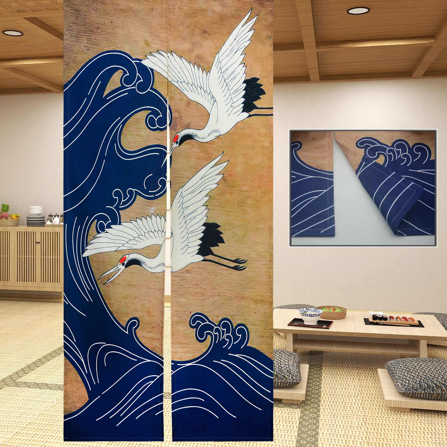 LIGICKY Retro Japanese Noren Doorway Curtain Linen White Crane Blue Wave Printed Asian Window Treatment Hanging Door Tapestry for Sushi Kitchen Home Decoration 33.5 x 70.9 Inch (Double Sided Printing)