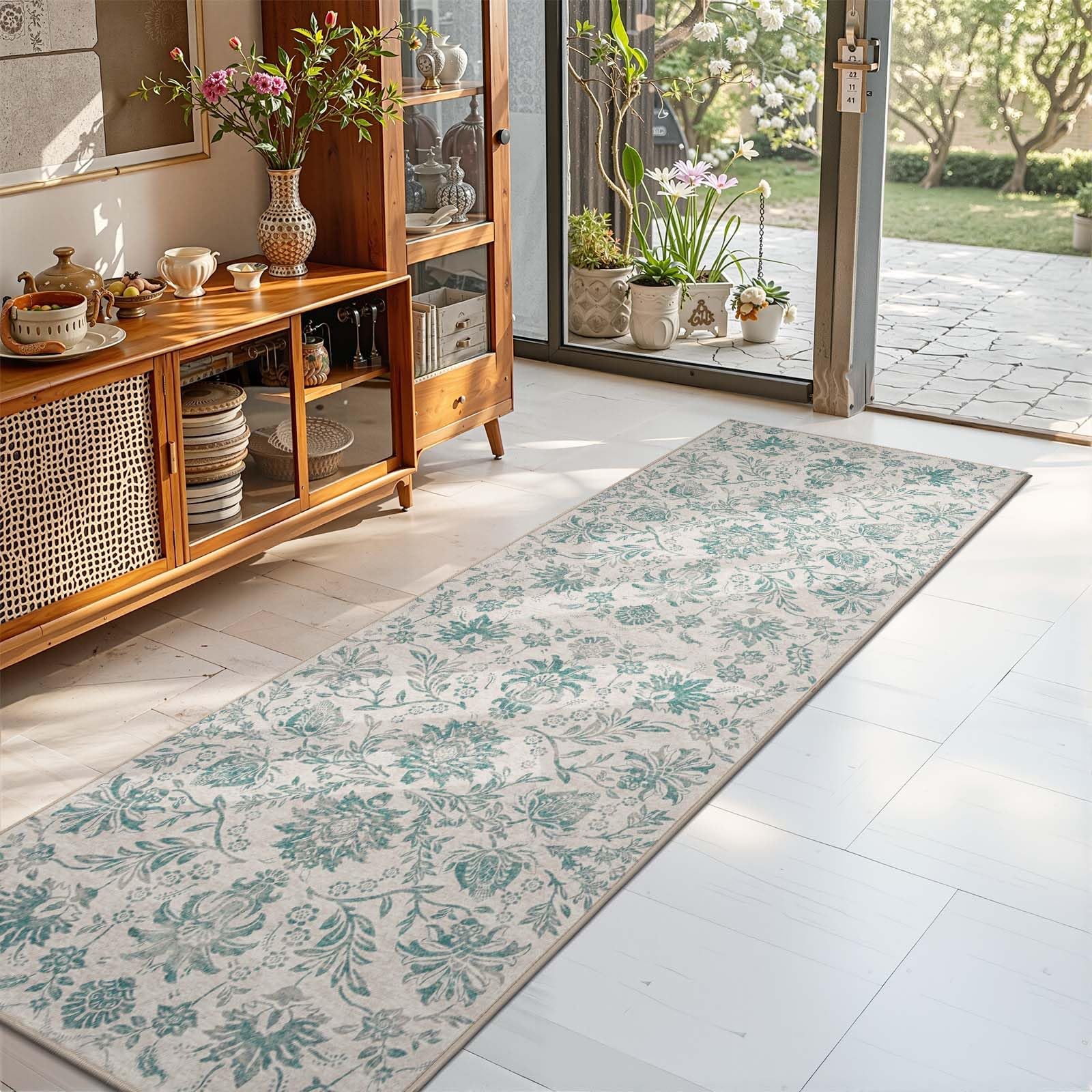 Photo 1 of jinchan Runner Rugs 2x6 Vintage-Inspired Floral Design Machine Washable Non-Slip Ultra-Thin Low Pile Rubber Backing Runner Rug for Kitchen Hallway Laundry Room Entryway