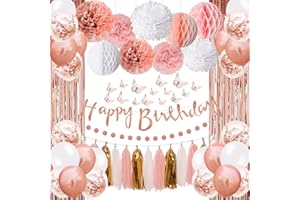 YGBMLU Upgraded Rose Gold Pink Party Decorations with Happy Birthday Banner, Curtains, Butterfly Wall, Circle Dots Garland, Tissue Pompoms, Paper Tassels Garland for Women's Party Decorations
