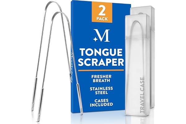 Mouthology Tongue Scraper (2 Pack), Reduce Bad Breath (Travel Cases Included), Stainless Steel Tongue Cleaners, Metal Tongue