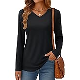 YUCOLEN Long Sleeve Shirts for Women Fall V Neck T Shirts Casual Solid Color Loose Fit Basic Tees Breathable Tops
