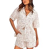 PRETTYGARDEN 2 Piece Sets for Women Summer Clothes 2026 Printed Button Down Shirts Tops Lounge Shorts Beach Vacation Outfits