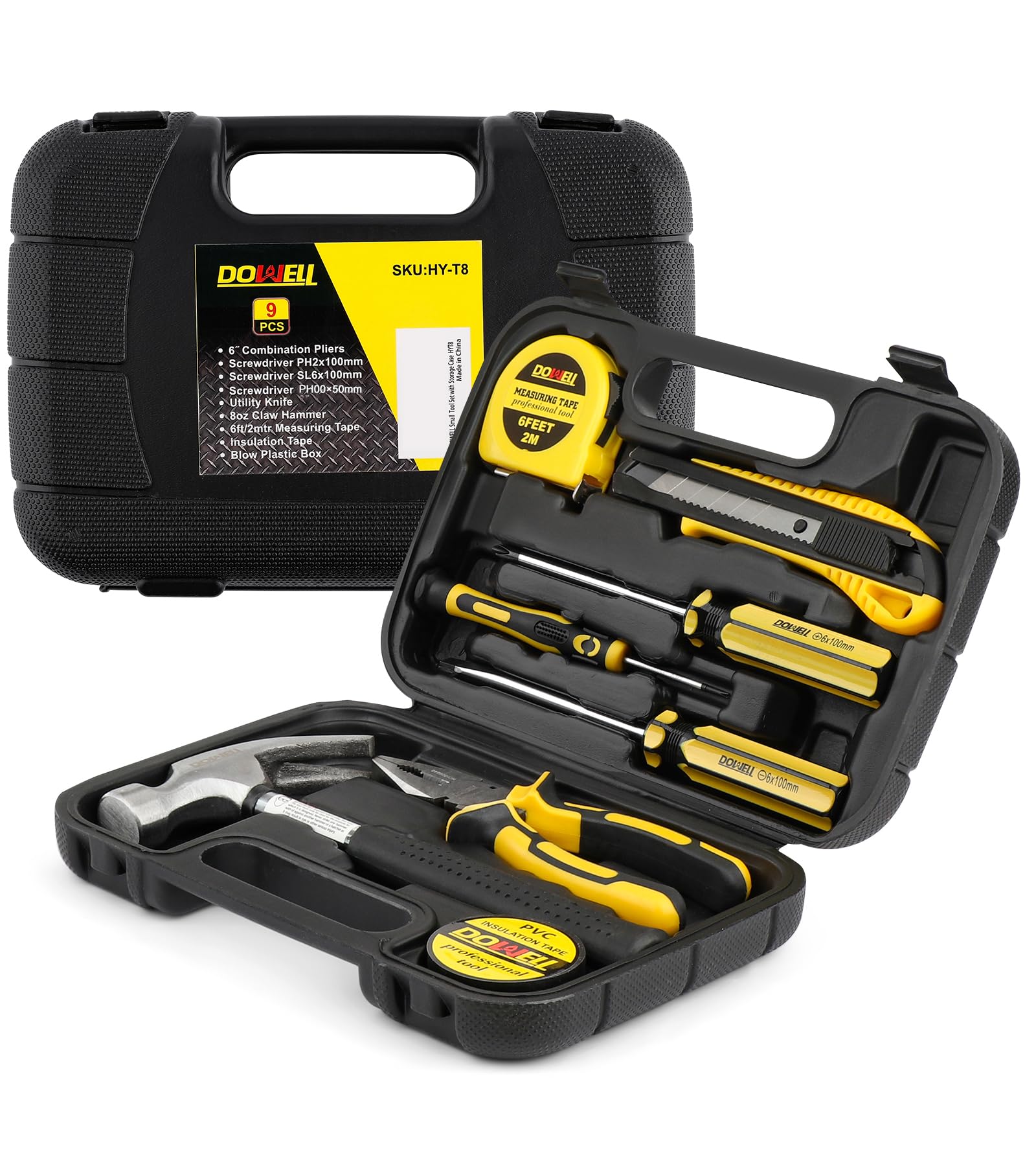 DOWELL Tool Set 9-Pieces Kid Starter Beginner Student Dorm Home Office Repair Tool Kit with Toolbox Storage Case
