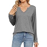 TUZIERDUO Womens Long Sleeve Shirts V Neck Casual Basic Tees Fall Loose Fit Solid Color Blouse 2025 Trendy Clothes