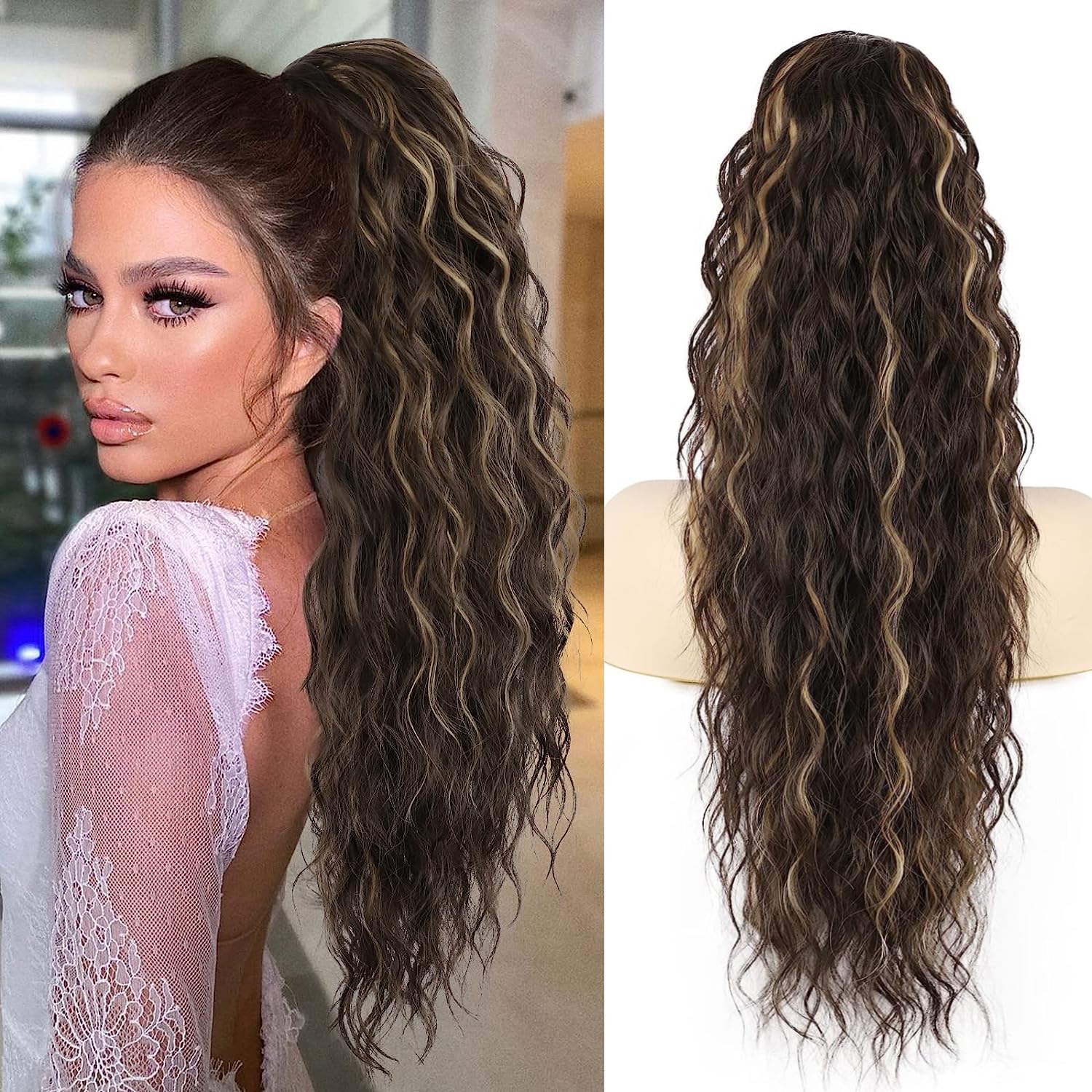 PORSMEER 28 inches Ponytail Extension Black Mixed Blonde Long Beach Wave Drawstring Clip in Pony Hair Extension Synthetic Pony Tail Hairpiece for Women — image 1