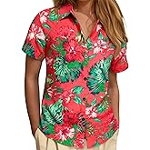 JOGAL Women's Floral Blouse Casual Button Down Short Sleeve Aloha Hawaiian Shirt