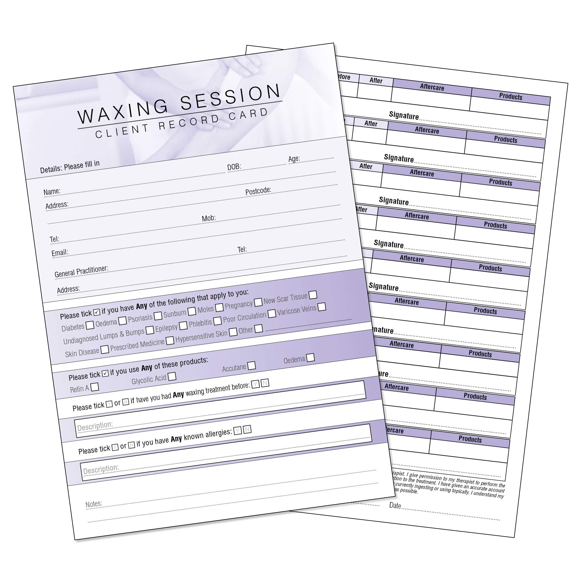 Waxing Client Record Card - Treatment Consultation Form for Mobile Therapists & Salons A5 Pack of 50 - Portrait