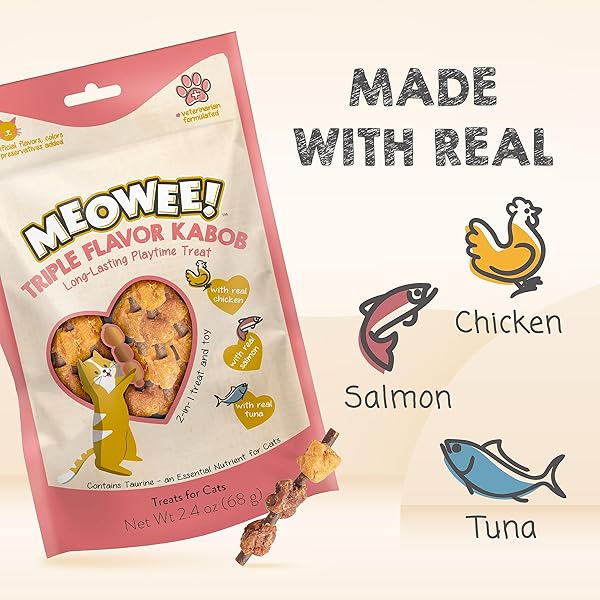 MEOWEE! TRIPLE FLAVOR KABOBS CAT TREAT, 2.4 OUNCE BAG, LONG-LASTING PLAYTIME TREAT FOR CATS MADE WITH REAL CHICKEN, SALMON & TUNA