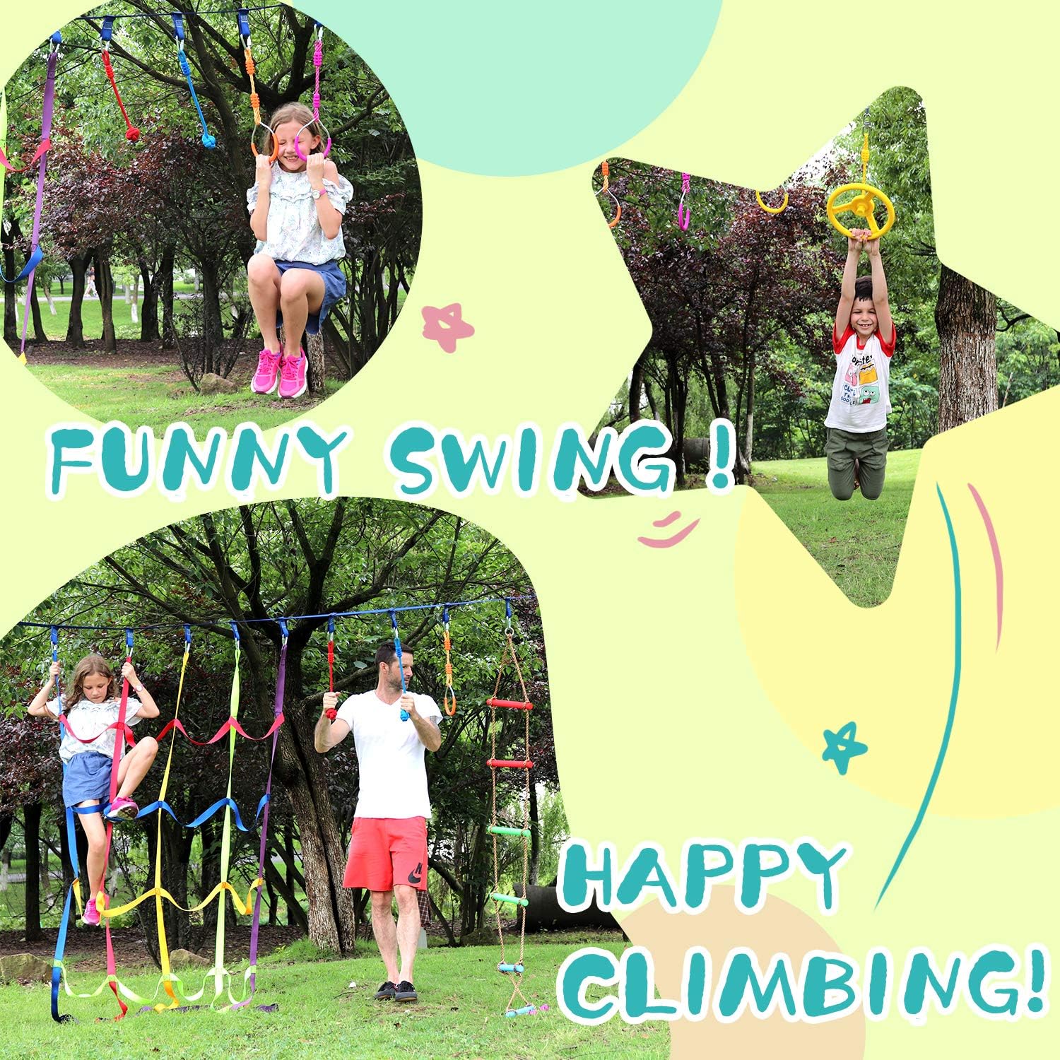 Rainbow Craft 50ft Ninja Warrior Obstacle Course for Kids - Ninja Slackline with 17 Removable Buckle Loops, Ninja Course Training Equipment, 12 Ninja Accessories, Ninja Course for Kids Outside: Toys & Games