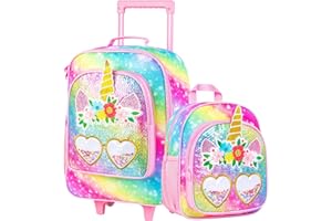 FTJCF 2PCS Kids Suitcase Set for Girls, 18" Cute Rainbow Sequin Unicorn Carry on Luggage with Wheels, Children Travel Rolling with 12" Toddler Backpack