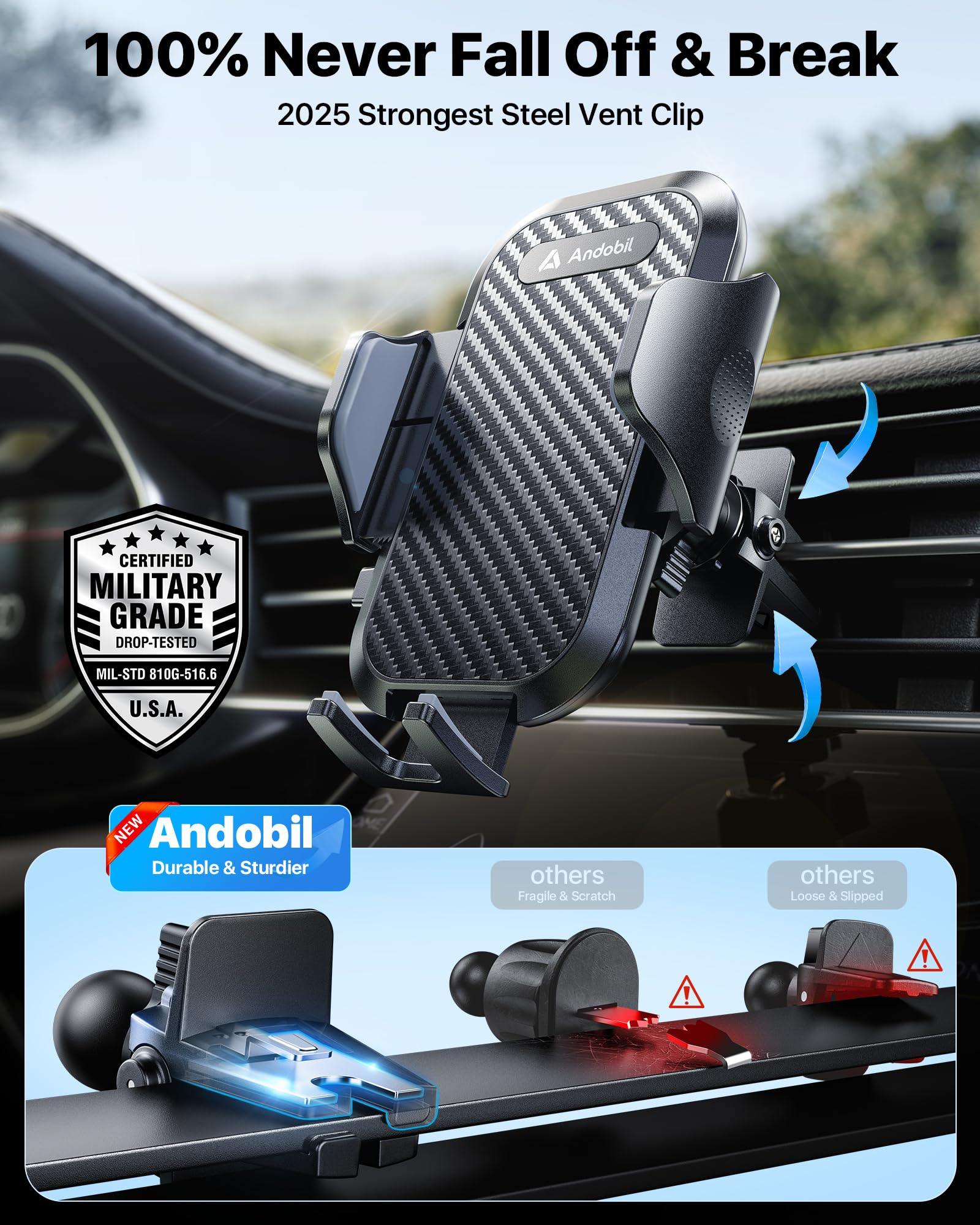 andobil Car Phone Holder, 2025 Military-Grade 89lbs Strongest Suction Phone Holders for Your Car Dashboard/Windshield/Vent Easy Clamp Car Phone Mount Stand for iPhone 17 16 15 14 13 Pro Max Samsung