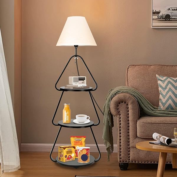 QUPUI FLOOR LAMP WITH SMALL ROUND SIDE TABLE, 3-TIER CIRCULAR END TABLE WITH STORAGE SHELF, ROUND CORNER COFFEE DESK NIGHTSTAND FOR LIVING ROOM BEDROOM SMALL SPACES, BLACK