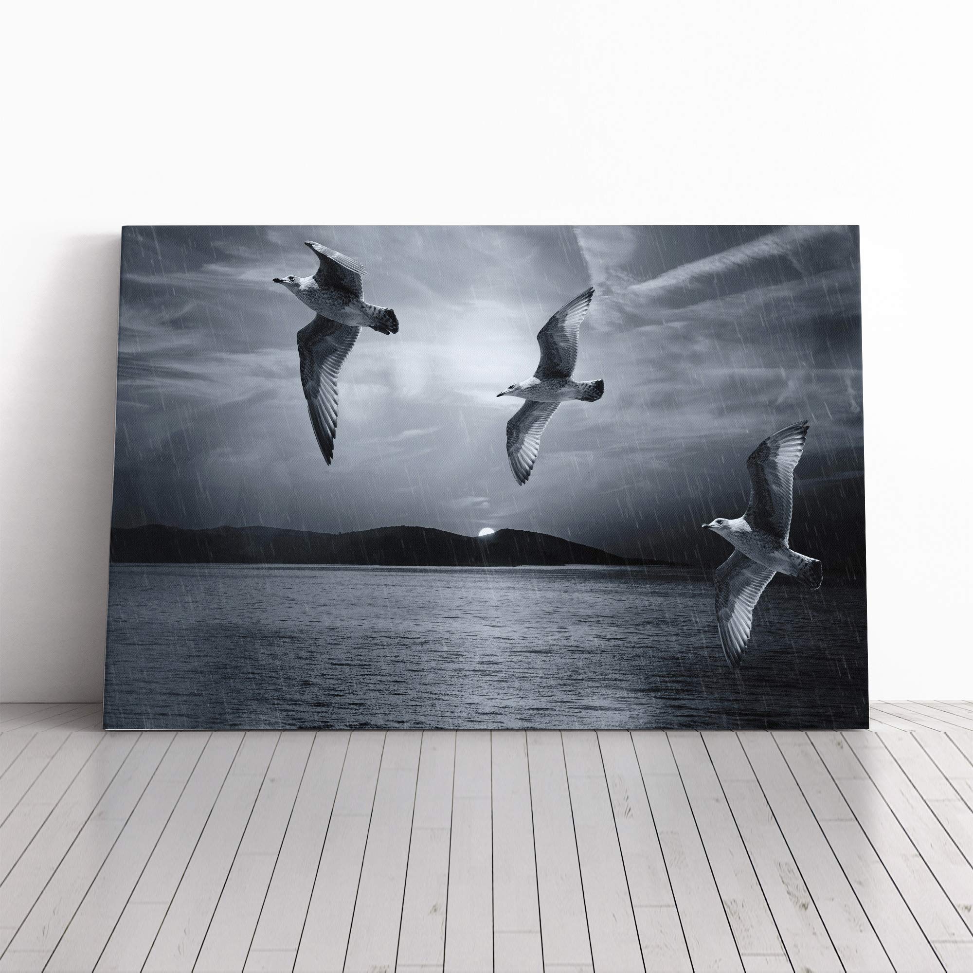 Seagulls in The Rain Canvas Print | Gallery Wrapped 30mm Frame Wall Art | 20x14 inches | Ready to Hang | Modern Landscape Picture | Living Room Bedroom Lounge Office