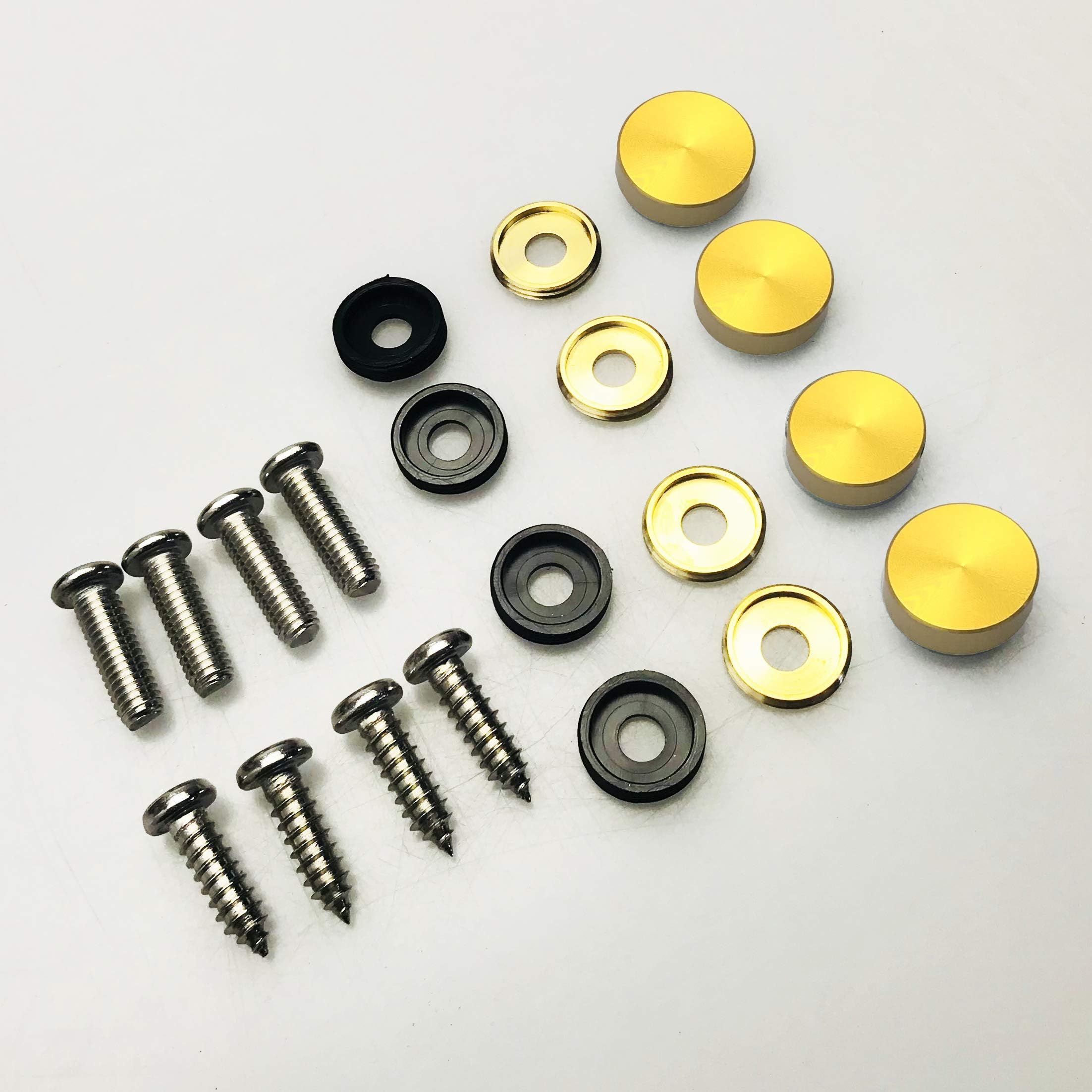 Set of 4 Anti Rust Resistant Stainless Steel Screw+Gold Aluminum Screw Caps not Plastic Cap for License Plate Frame