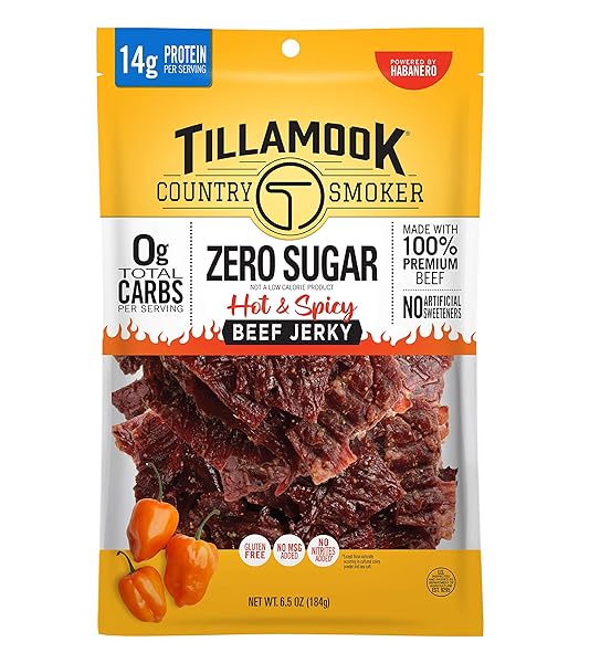 TILLAMOOK COUNTRY SMOKER KETO FRIENDLY ZERO SUGAR BEEF JERKY, HOT & SPICY, 6.5 OUNCE