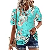 Ezcosplay Women Hawaiian Shirt Drawstring V Neck Puff Short Sleeve Tshirt Flamingo Tropical Outfit Luau Party Tops Tees