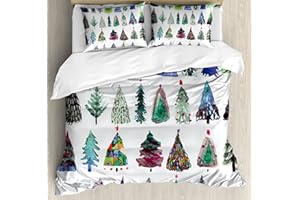 Ambesonne Christmas Duvet Cover Set, Watercolor Christmas Theme Fir Trees Abstract Silhouettes Illustration, Decorative 3 Piece Bedding Set with 2 Pillow Shams, King Size, Green Seafoam