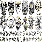 Metallic Gothic Temporary Tattoo for Men Women, 42 Sheets Golden Skull Cat Floral Fake Tattoo for Halloween Party, Half Arm Waterproof Tattoo Stickers for Adults and Kids