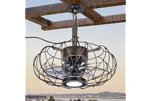 SHE'S HOME Outdoor Gazebo Fan with Hanging Hook, 15'' Waterproof Outdoor Ceiling Fan with Lights and Remote, 3CCT Dimmable 6-Speeds Reversible Quiet Plug in Caged Ceiling Fans for Patio Porch Pergola Canopy