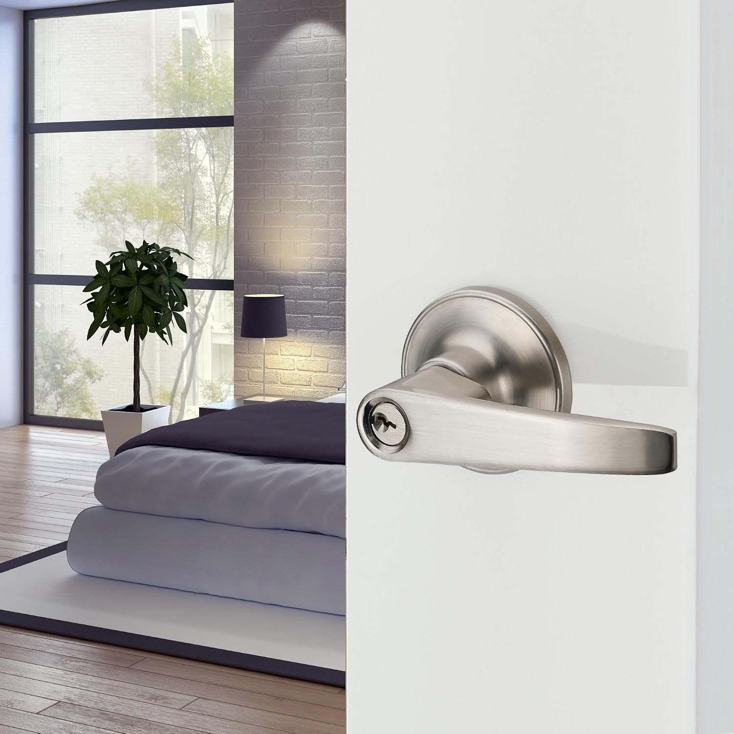 1 Pack of HAIFUAN Door Lever Handle Lockset, Doob Knob for Use of Entry Nickel Brushed Color, Come with 3 Keys(802-K) - Image 5