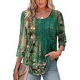 XIEERDUO 3/4 Length Sleeve Tops for Women 2026 Crewneck Casual Pleated Tunic Tops Shirts Blouses