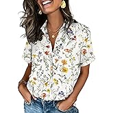 Zeagoo Button Down Shirts for Women Short Sleeve Collared Tops Dressy Casual V Neck Blouses