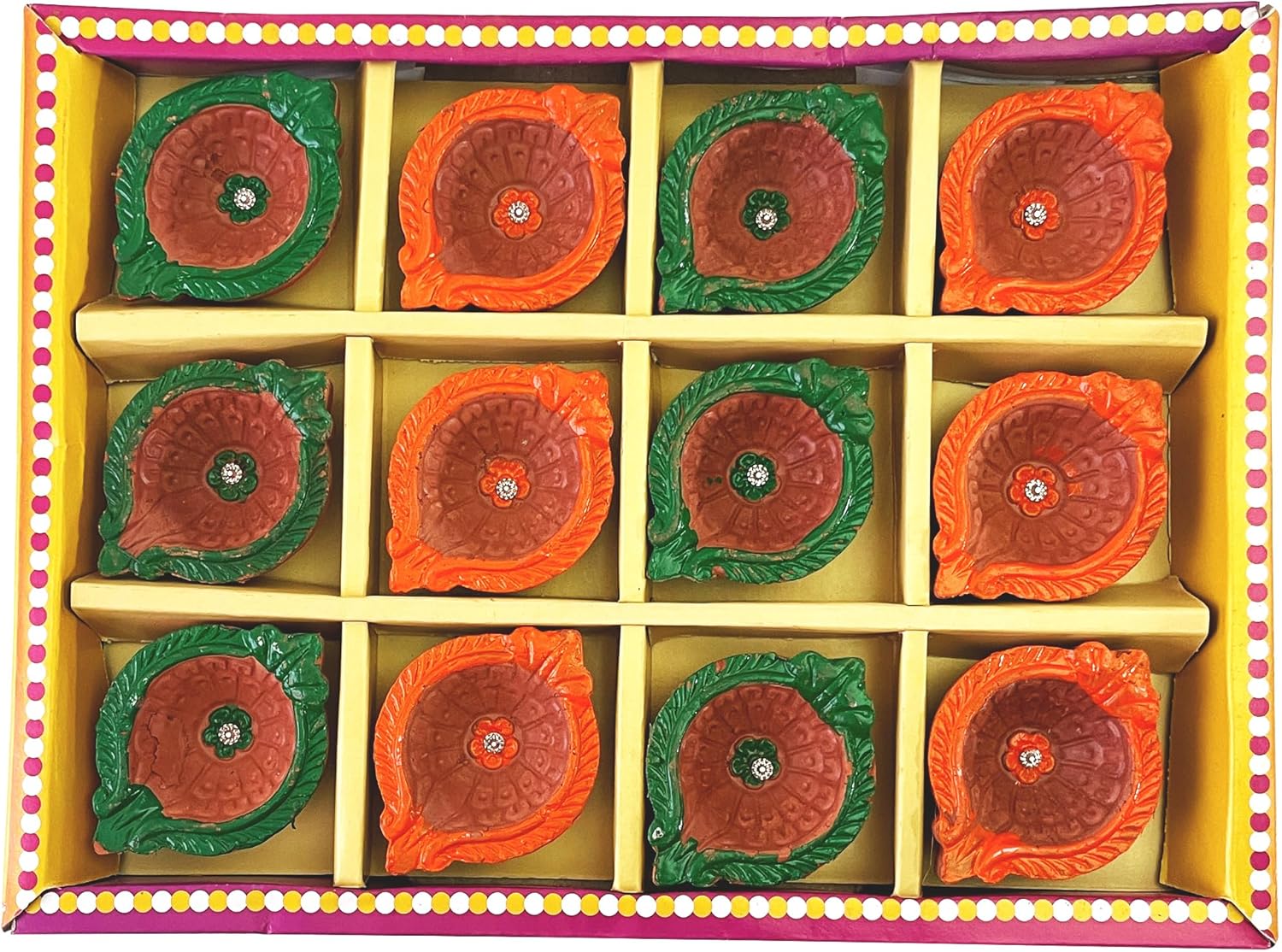 Oil Lamps & Accessories - KSJONE Clay Diyas Diyas Deepak Earthen Assorted Colorful Set - Diwali Decoration Puja - Handpainted Diya for Home Indoor Outdoor Diwali Design Mix Color with Cotton Wicks (12 Pcs Diya (Design 3))