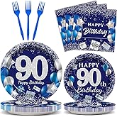 96 Pcs 90th Birthday Party Supplies Navy Blue and Silver Birthday Plates 90th Birthday Paper Tableware Happy Birthday Party Plates and Napkins Forks Blue Birthday Table Decorations for 24 Guests