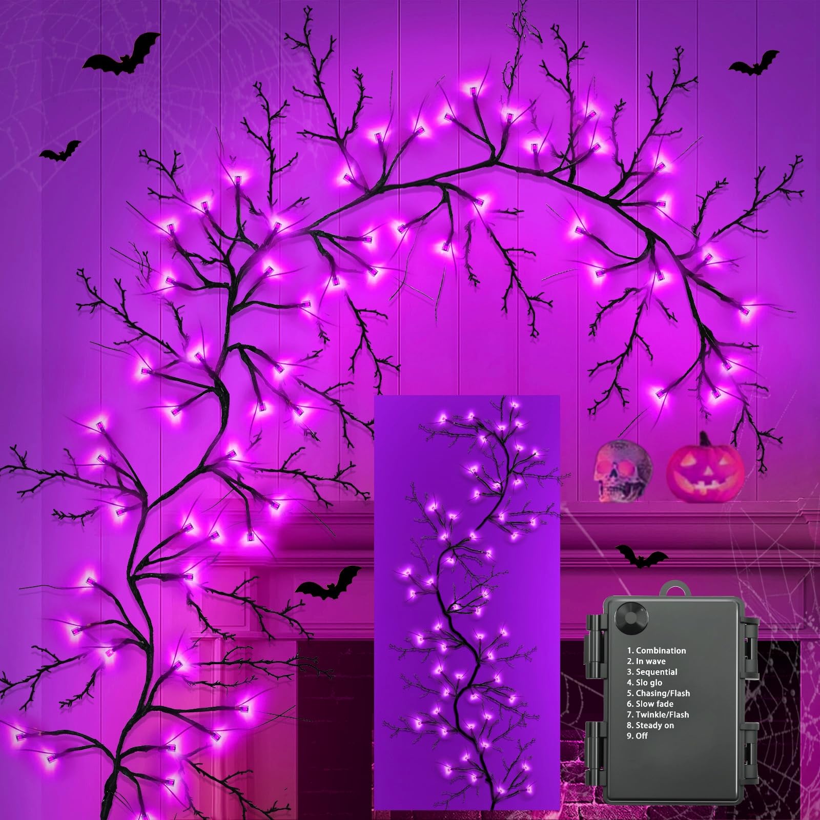 Photo 1 of [8 Modes & Timer] 9 Ft 72 LED Halloween Garland with Lights, Purple Willow Vine Twig Garland Battery Operated Indoor Outdoor Fireplace Table Wall Home Party Halloween Decorations