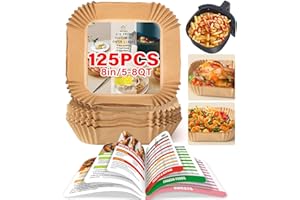 RELUIEN Air Fryer Liners Disposable,125Pcs 8Inch Airfryer Liners with Cheat Sheet Cooking Guide Booklet, Non-Stick Parchment Paper Square, Air Fryer Cookbooks Recipes