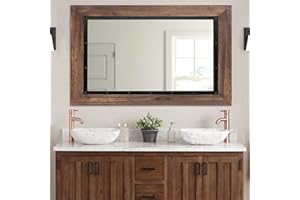 YOSHOOT Rustic Wooden Framed Wall Mirror, Natural Wood and Iron Bathroom Vanity Mirror for Farmhouse Decor, Vertical or Horizontal Hanging