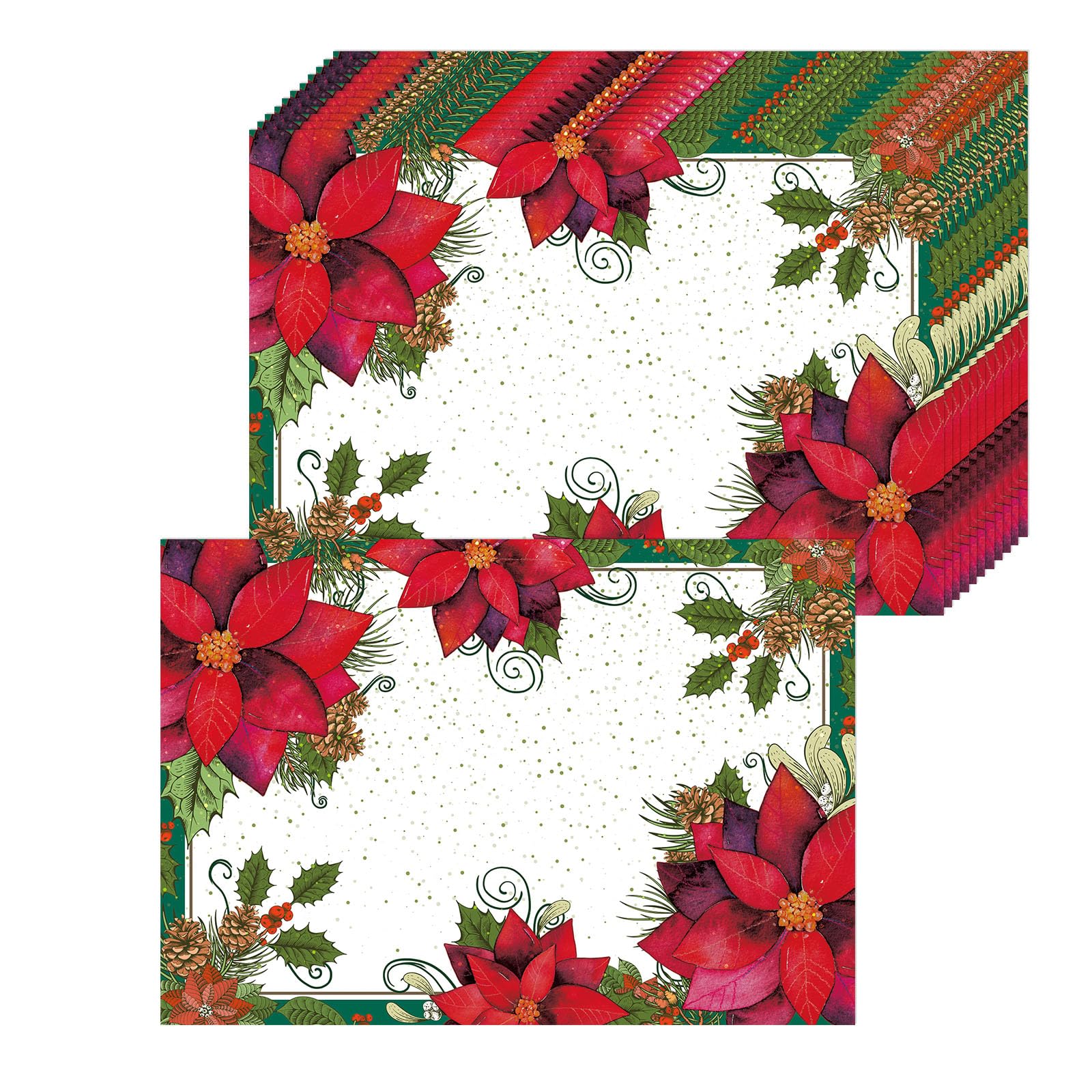 50 Pack Christmas Flower Paper Placemats, 16x 11 Inch Merry Christmas Disposable Placemats, Seasonal Winter Paper Placemats for Home Kitchen Holiday Xmas Table Top Decor