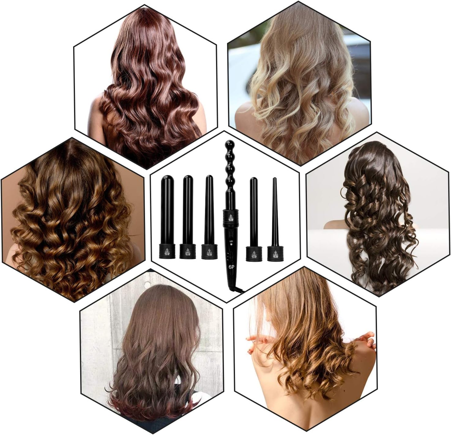 Beaucares 6-in-1 Curling Iron, Professional Curling Wand Set, Instant Heat Up Hair Curler with 6 Interchangeable Ceramic Barrels (0.35'' to 1.25'') and 2 Temperature Adjustments: Health & Personal Care
