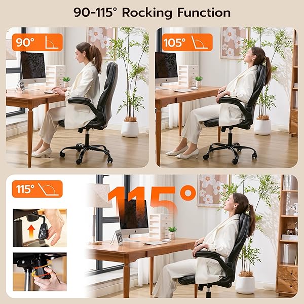 OFFICE DESK CHAIR, ERGONOMIC COMPUTER CHAIR WITH PADDED FLIP-UP ARMS AND ADJUSTABLE LUMBAR SUPPORT, PU LEATHER EXECUTIVE CHAIR WITH TILT LOCK AND 360° SWIVEL ROLLING WHEELS FOR WORK, STUDY
