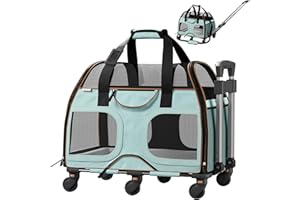 Katziela Pet Carrier - Airline Compliant Dog Carrier - TSA Approved Pet Carrier for Small Dogs and Cats - Soft FAA Travel Airplane Dog Carrier Luggage (Blue/Brown-6 Wheels)