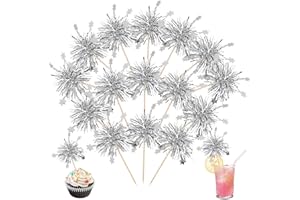 ZHUOWEISM 30 PCS Foil Firework Cupcake Toppers Star Cupcake Picks Sparkle Tinsel Flower Drink Stirrers Cocktail Food Fruit Toothpicks for Valentine's Day Birthday Party Cake Decorations Supplies Silver