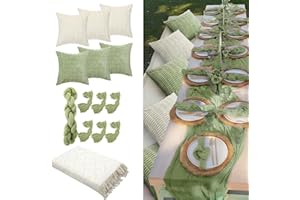 Beeveer 91 x 71 Extra Large Outdoor Boho Picnic Blanket with Sage Green Table Runner, 6 Throw Pillow Covers 6 Napkins Woven Cotton Yarn Oversize Beach Blanket Washable Picnic Camp Wedding