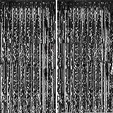 Fecedy 2pcs 3ft x 8.3ft Black Metallic Tinsel Foil Fringe Curtains Photo Booth Props for Birthday Wedding Engagement Bridal S